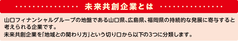 未来共創企業とは｜山口フィナンシャルグループの地盤である山口県、広島県、福岡県の持続的な発展に寄与すると考えられる企業です。未来共創企業を「地域との関わり方」という切り口から以下の3つに分類します。